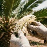Mains de jardinier examinant une fleur de palmier dattier des Canaries dans un jardin méditerranéen