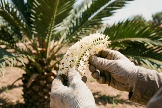 Mains de jardinier examinant une fleur de palmier dattier des Canaries dans un jardin méditerranéen