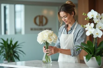 Fleuriste professionnelle arrangeant des fleurs blanches dans un vase en verre sur le bureau d'accueil d'une entreprise moderne