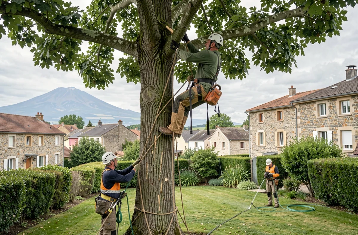 Élagueur de GAIA CENTER grimpant dans un arbre à Clermont-Ferrand avec installation d'arrosage en arrière-plan
