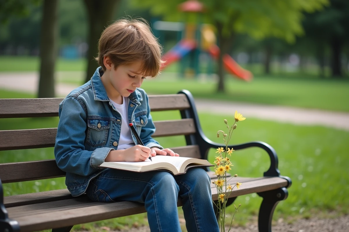 Adolescent écrivant dans un carnet sur un banc de parc avec fleurs sauvages