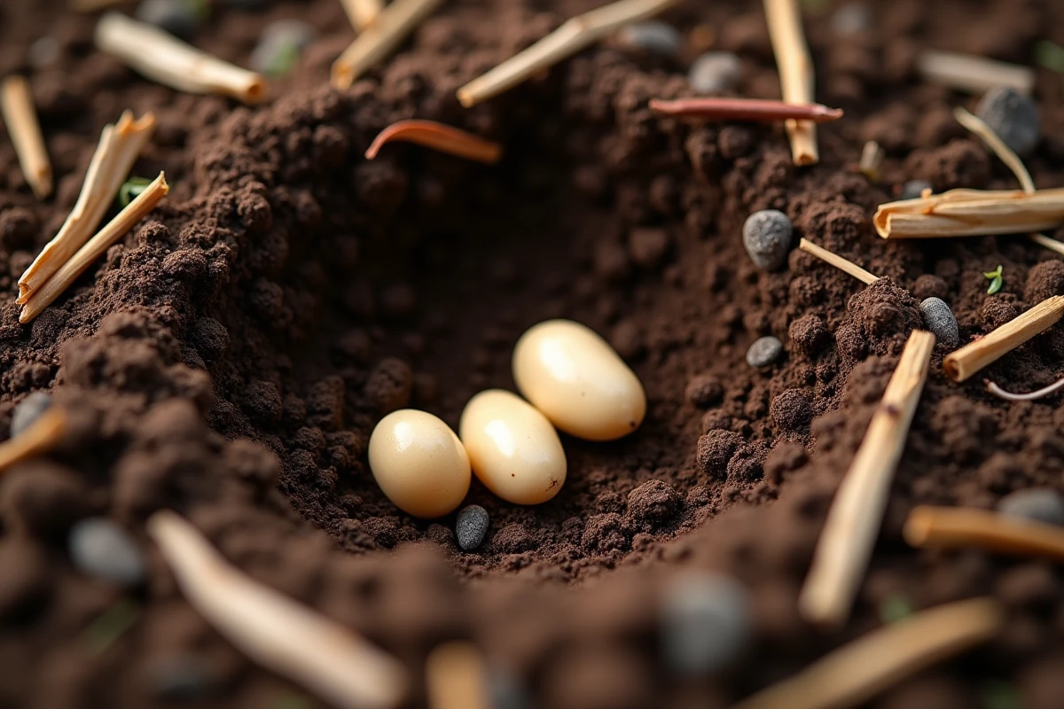 Gros plan de graines de haricots semées dans un sillon de sol vivant recouvert de paillis organique en permaculture