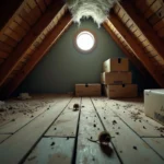 Grenier ancien avec traces de crottes de loir sur le plancher en bois et isolant abîmé