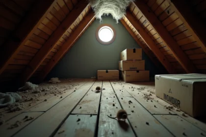 Grenier ancien avec traces de crottes de loir sur le plancher en bois et isolant abîmé