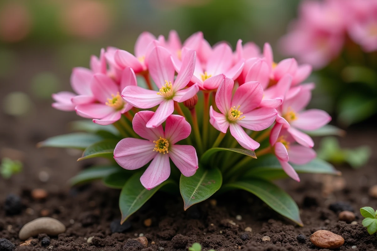 Gros plan sur un arbuste fleuri rose nouvellement planté dans un sol riche de jardin au printemps
