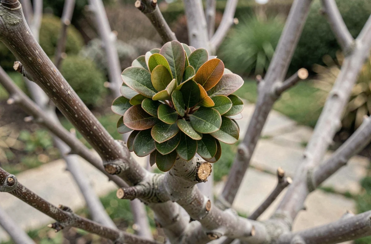 Gros plan sur un nuage de feuillage de Prunus taillé avec précision montrant la texture des feuilles et les branches nues