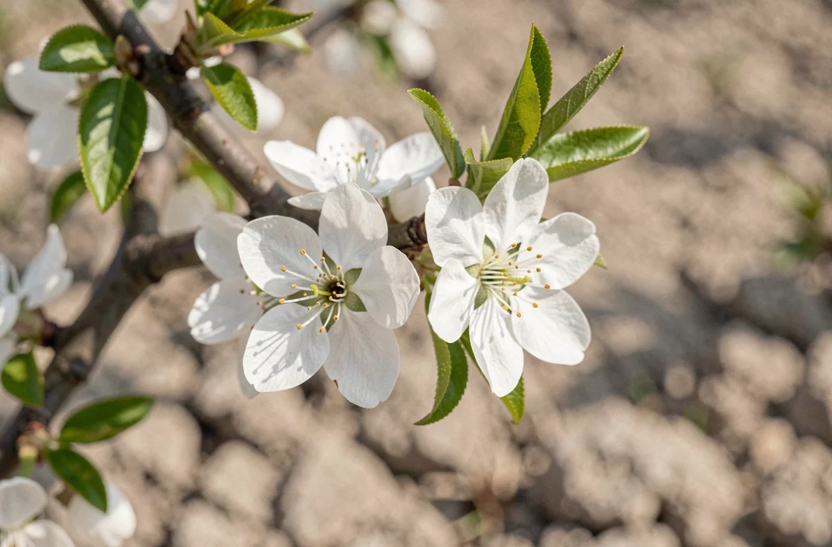 Gros plan sur des fleurs blanches printanières d'un arbuste adapté aux sols calcaires avec détail des pétales et étamines