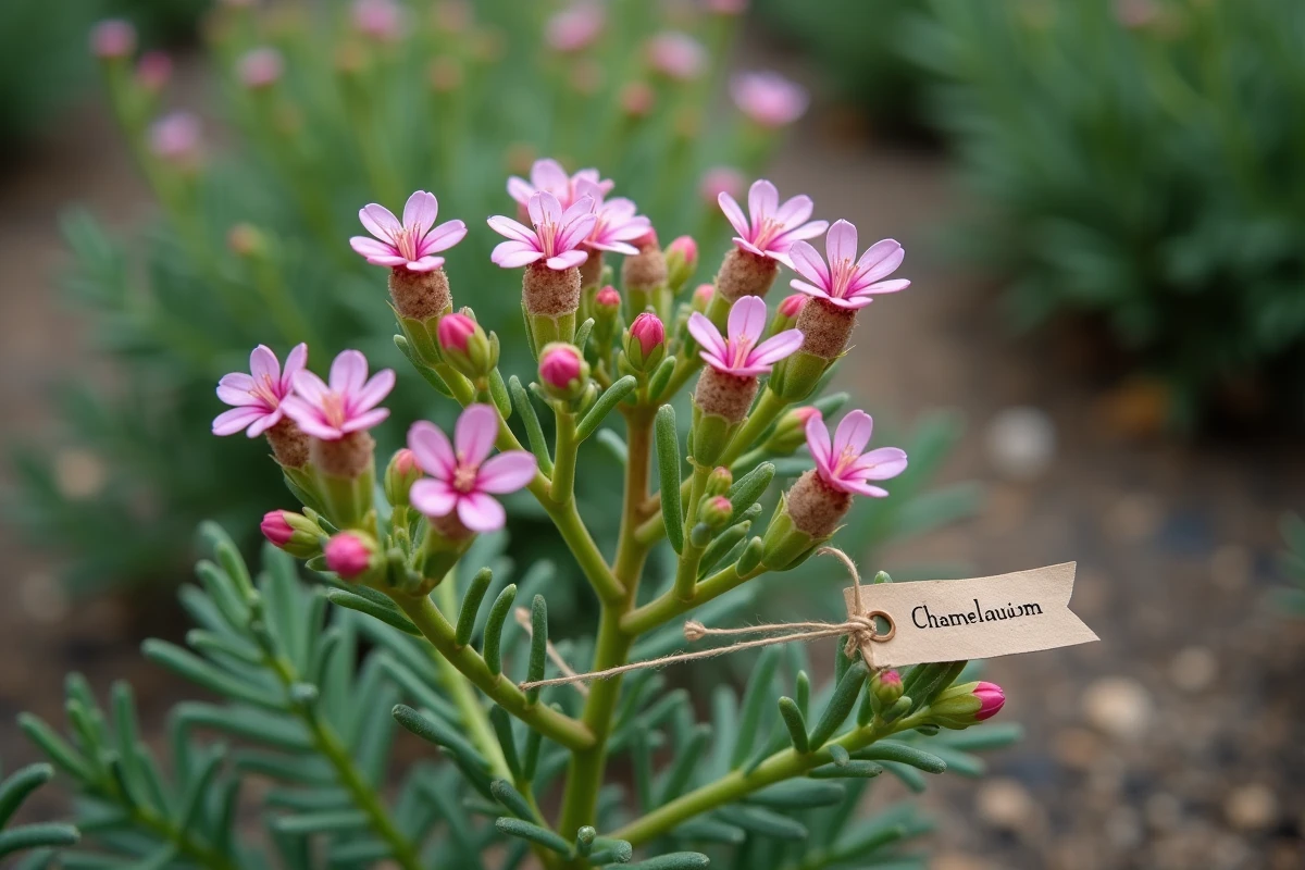 Gros plan botanique des fleurs et bourgeons du waxflower Chamelaucium uncinatum montrant les stades de croissance saisonniers