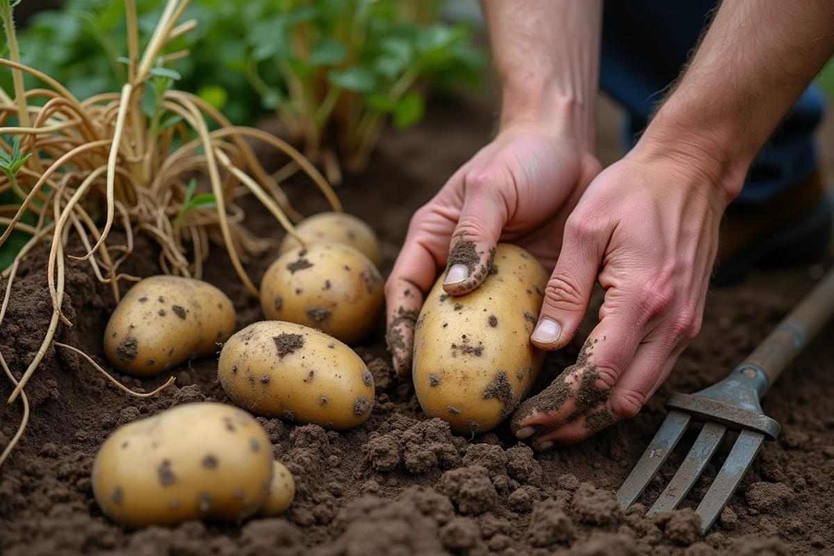 Gros plan sur des mains récoltant des pommes de terre matures avec tiges jaunies et sol sec dans un potager