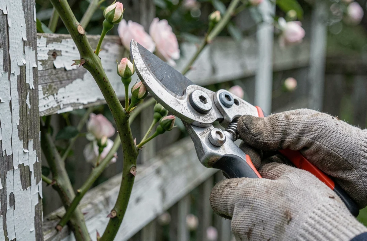 Gros plan sur des sécateurs tranchant une tige de rosier grimpant juste au-dessus d'un bourgeon au printemps