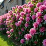 Haie de rhododendrons en fleurs plantés en pleine terre le long d'un mur en pierre dans un jardin résidentiel