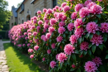 Haie de rhododendrons en fleurs plantés en pleine terre le long d'un mur en pierre dans un jardin résidentiel
