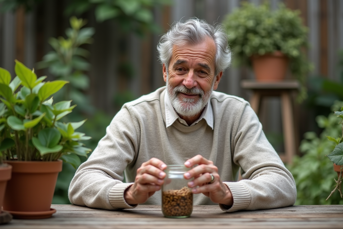 Homme âgé examinant un bocal de graines dans le jardin