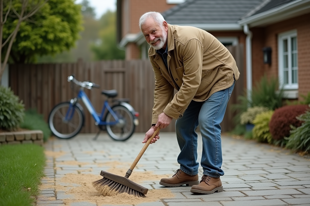 Homme âgé brossant un pavé dans une cour résidentielle