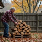 Homme d'âge moyen empilant du bois dans un jardin rustique en automne
