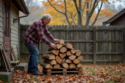 Homme d'âge moyen empilant du bois dans un jardin rustique en automne