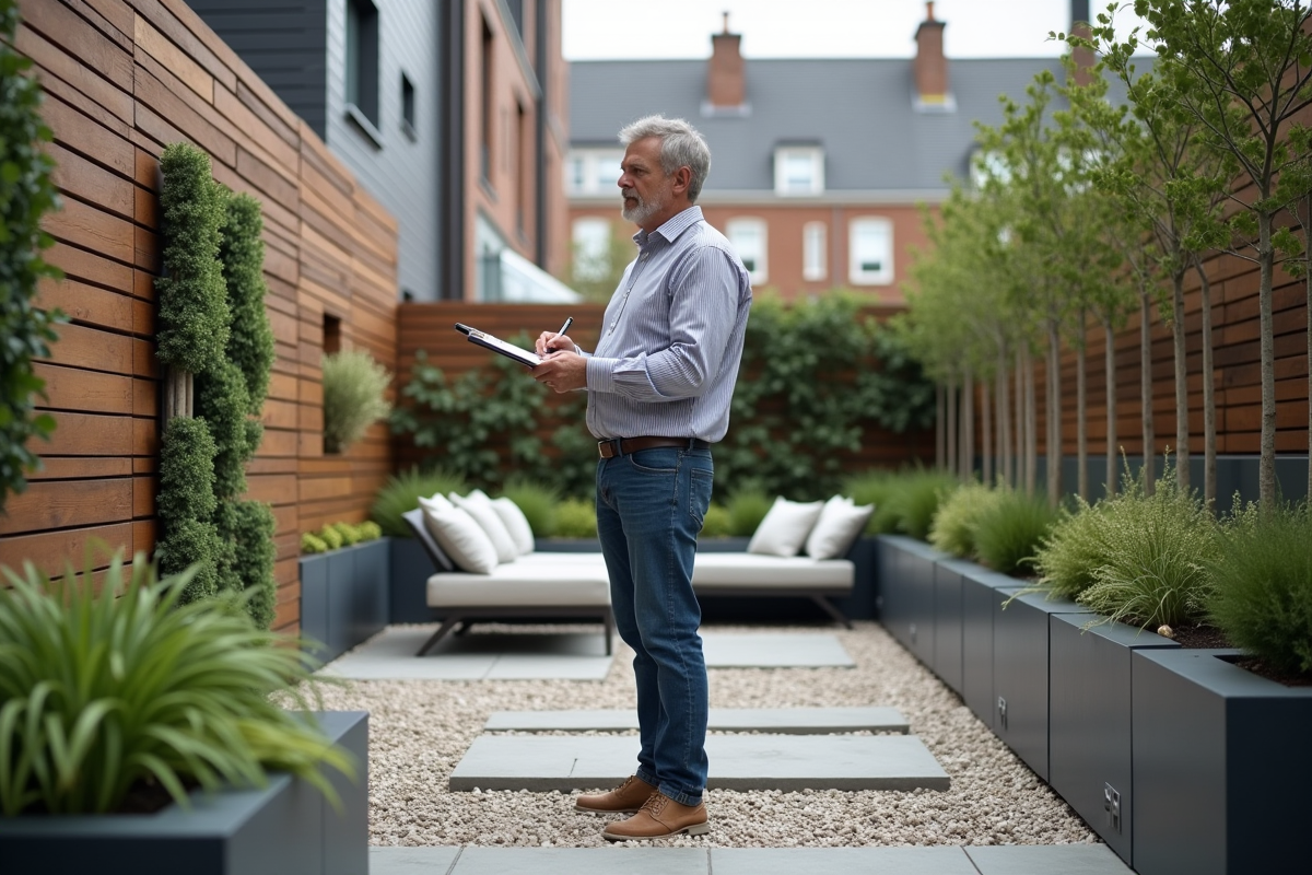 Homme esquissant un plan de jardin urbain sur un patio