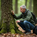 Homme curieux observant des galles de chêne en forêt