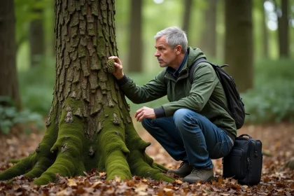 Homme curieux observant des galles de chêne en forêt