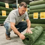 Homme examinant des rouleaux de gazon synthétique en promotion dans un magasin de jardinage