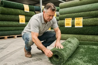 Homme examinant des rouleaux de gazon synthétique en promotion dans un magasin de jardinage