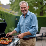 Homme souriant en train de griller dans son jardin