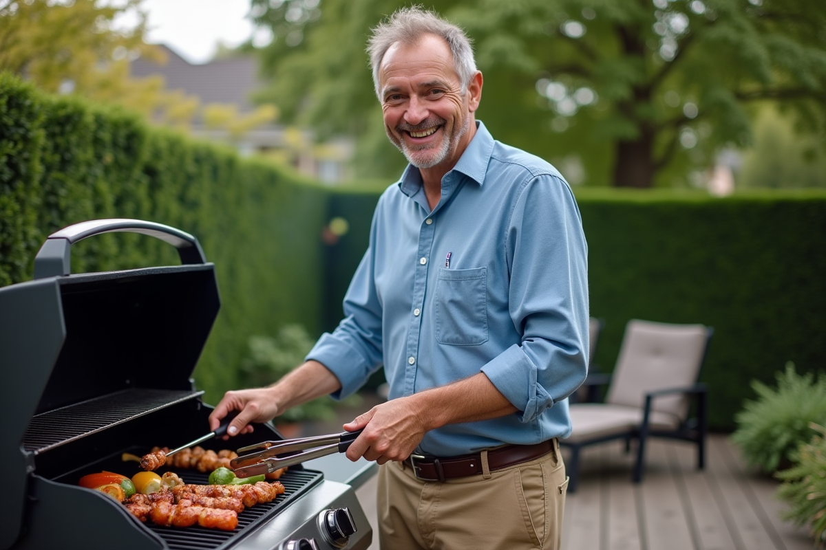 Homme souriant en train de griller dans son jardin
