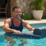 Homme souriant en maillot nageur utilisant hydrostar au bord de la piscine