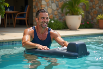 Homme souriant en maillot nageur utilisant hydrostar au bord de la piscine