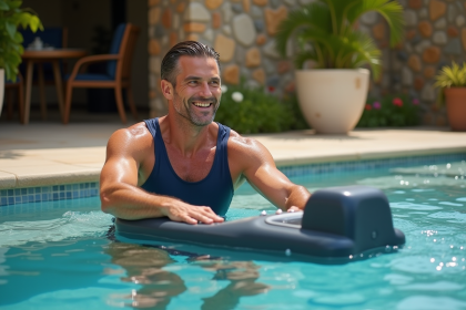 Homme souriant en maillot nageur utilisant hydrostar au bord de la piscine