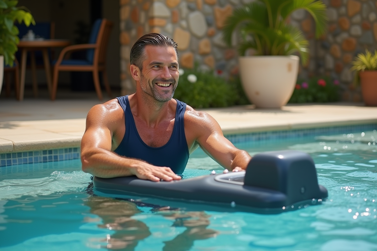 Homme souriant en maillot nageur utilisant hydrostar au bord de la piscine