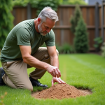 Homme appliquant répulsif naturel contre les fourmis dans le jardin
