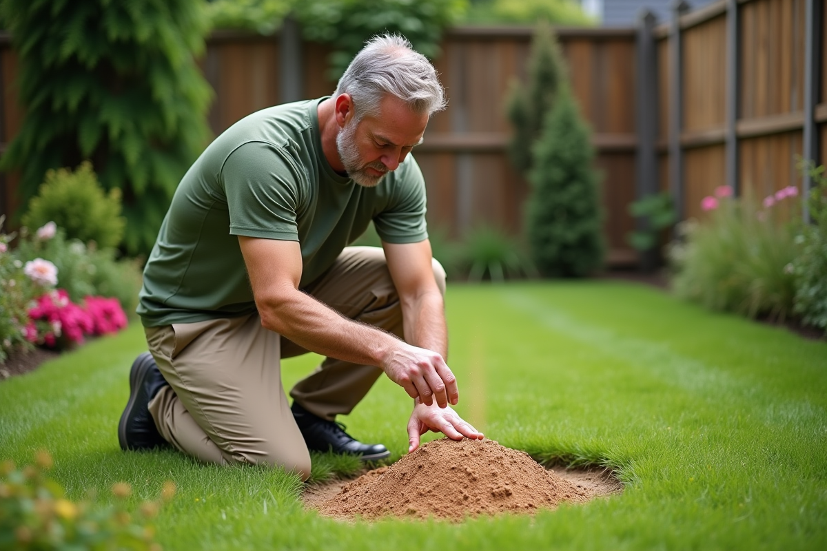 Homme appliquant répulsif naturel contre les fourmis dans le jardin