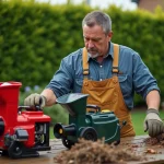 Homme en salopette compare deux broyeurs de jardin