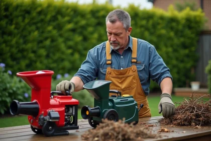 Homme en salopette compare deux broyeurs de jardin