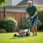 Homme d'âge moyen poussant une tondeuse sans fil dans son jardin