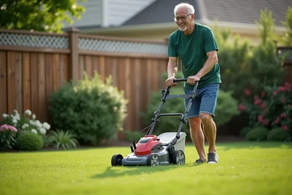 Homme d'âge moyen poussant une tondeuse sans fil dans son jardin