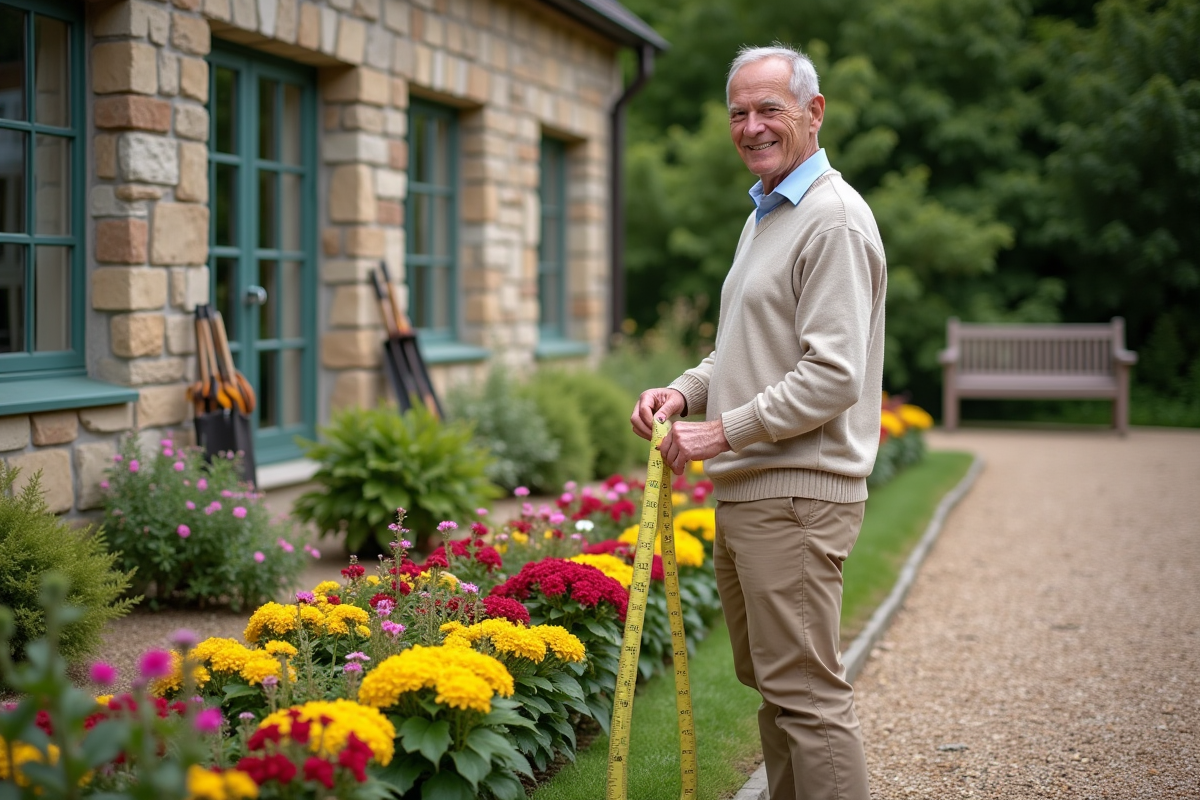 Homme retraité mesurant une bordure de fleurs devant une maison en pierre