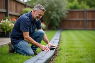 Homme en jeans assemble un kit de jardinage dans son jardin