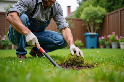 Homme d'âge moyen en tenue de jardinage ratisse la mousse sur la pelouse