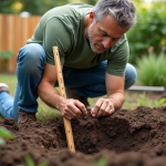 Homme mesurant la terre dans un jardin en extérieur