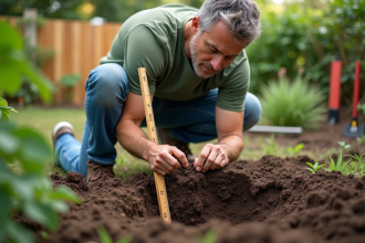 Homme mesurant la terre dans un jardin en extérieur