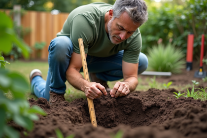 Homme mesurant la terre dans un jardin en extérieur