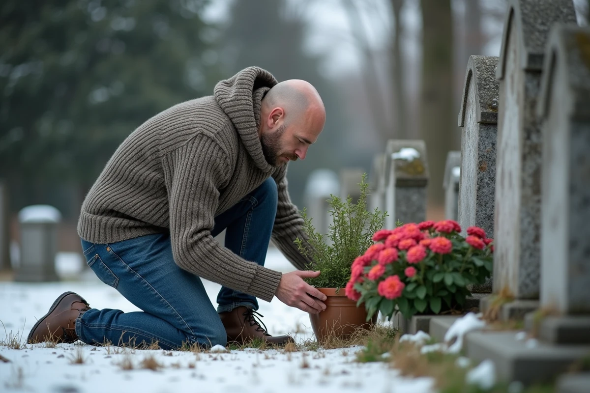 Homme moyen âge arrangeant des herbes dans un cimetière