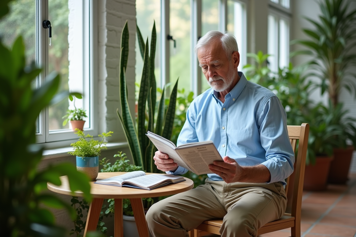 Homme lisant un magazine dans une serre lumineuse