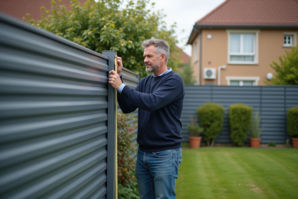 Homme français mesurant une clôture en métal dans son jardin