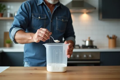 Homme mesurant de la poudre dans une cuisine moderne