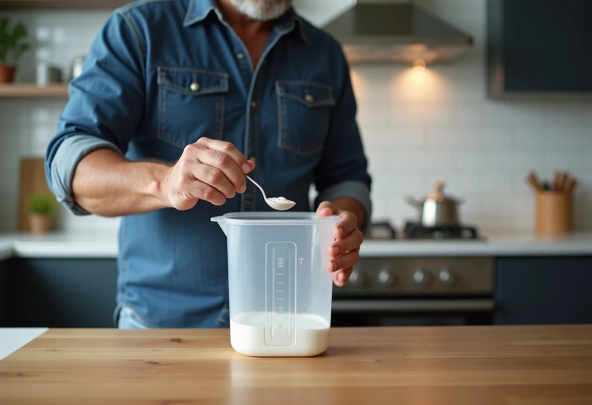 Homme mesurant de la poudre dans une cuisine moderne