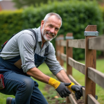 Homme en overalls fixant une cloture dans un jardin