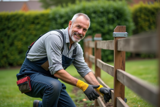 Homme en overalls fixant une cloture dans un jardin